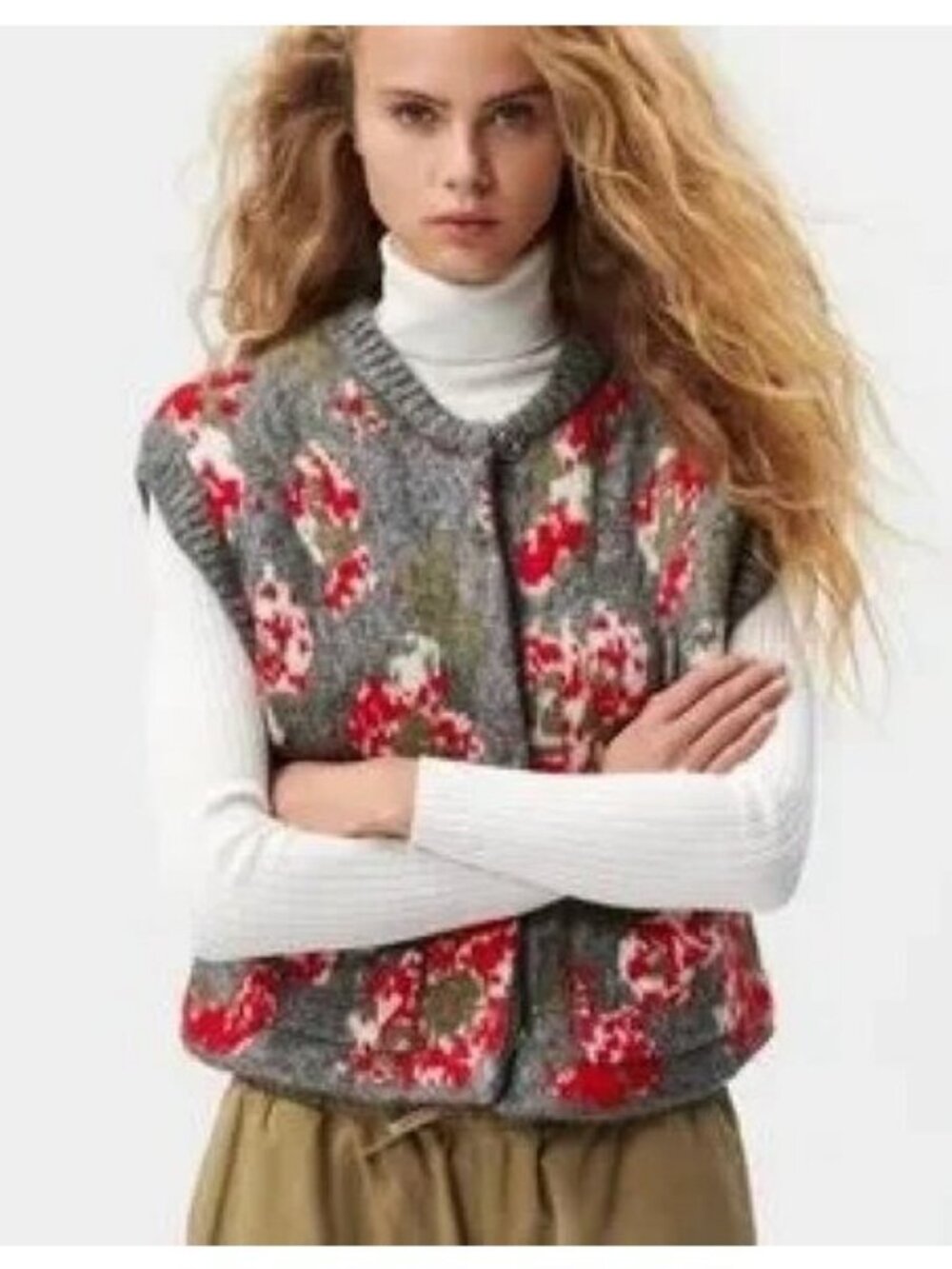 🛍 Zara Floral Jacquard Chunky Knit Sweater Vest Gray Size S